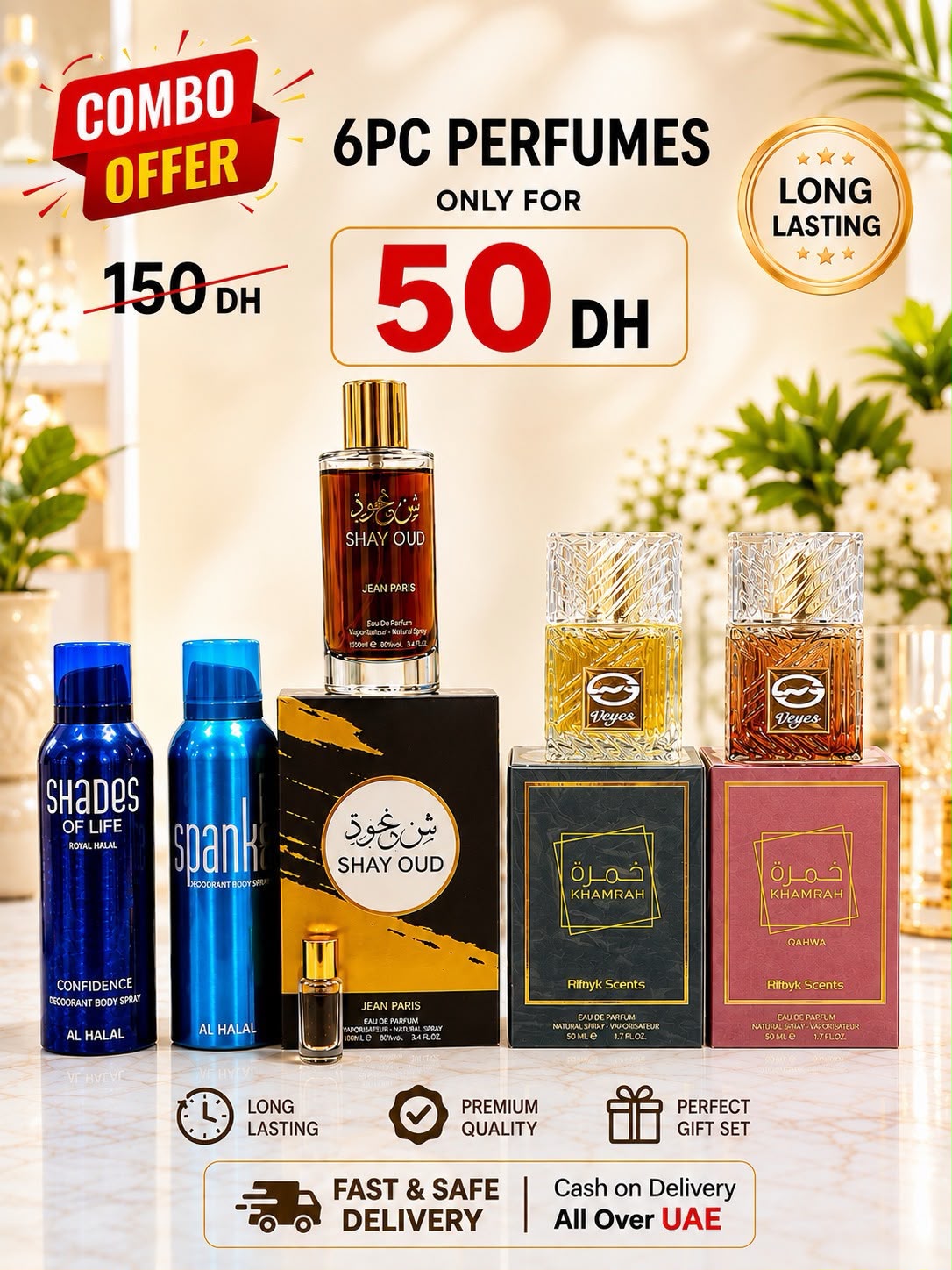 6 PC Perfumes Combo - Shay Oud, Khamrah & Body Sprays